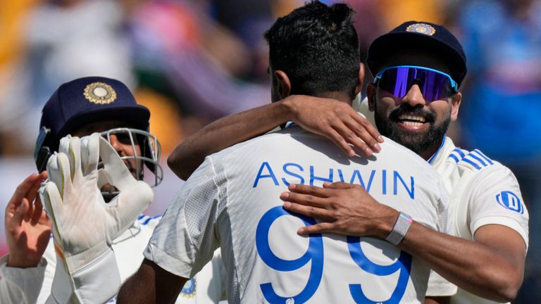 India's Mohammed Siraj hugs teammate Ravichandran Ashwin for taking the wicket of England's Ben Foakes, right, on the third day of the fifth and final test match between England and India in Dharamshala, India, Saturday, March 9, 2024. (AP Photo /Ashwini Bhatia)
