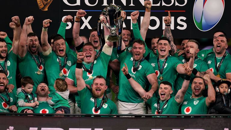 Ireland celebrate after winning the Six Nations following victory over Scotland