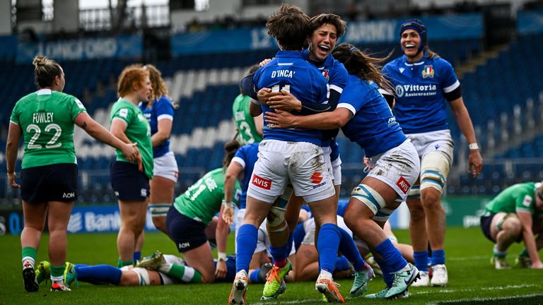 Dublin , Ireland - 31 March 2024; Sofia Stefan of Italy with teammates after her side's victory in the Women's Six Nations Rugby Championship match between Ireland and Italy at the RDS Arena in Dublin. (Photo By Harry Murphy/Sportsfile via Getty Images)
