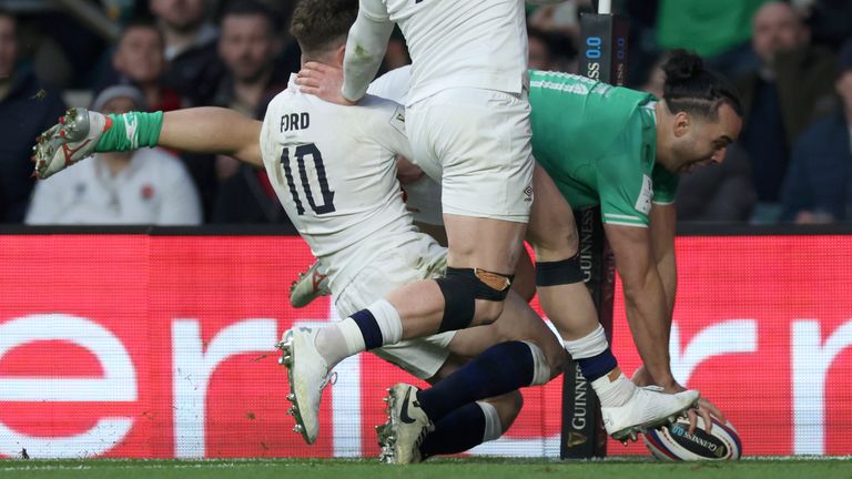 Ireland's James Lowe scores a try