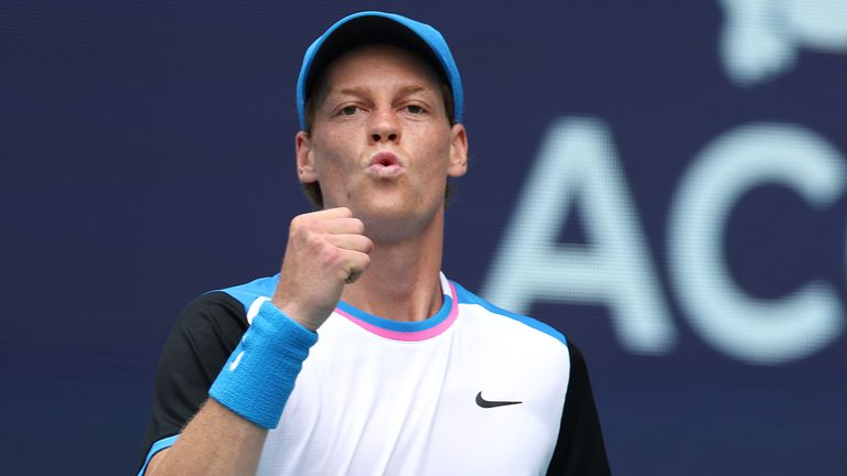 Jannik Sinner of Italy celebrates winning a point against Tomas Machac of the Czech Republic during their match on Day 12 of the Miami Open at Hard Rock Stadium on March 27, 2024 in Miami Gardens, Florida. (Photo by Al Bello/Getty Images)