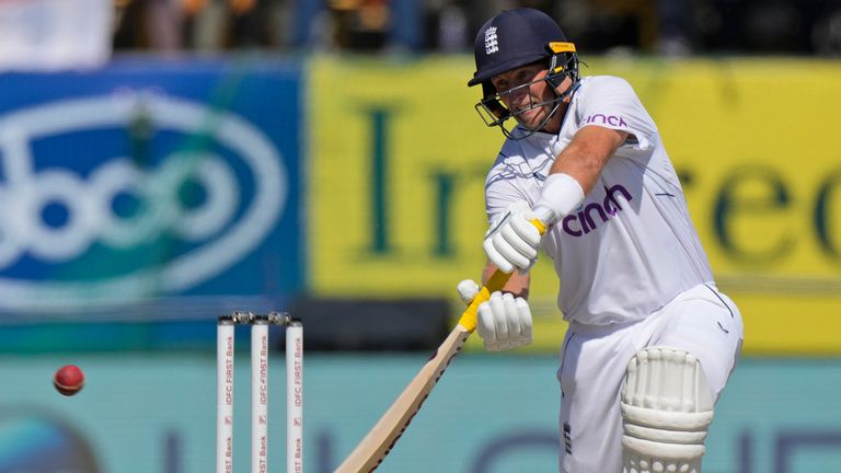 England's Joe Root bats on the third day of the fifth and final test match between England and India in Dharamshala, India, Saturday, March 9, 2024. (AP Photo /Ashwini Bhatia)