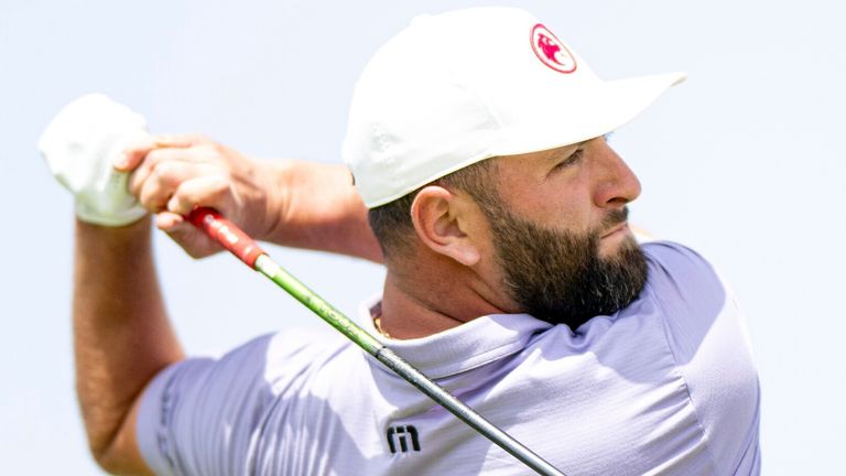 Captain Jon Rahm of Legion XIII GC hits his shot from the seventh tee during the first round of LIV Golf Jeddah at the Royal Greens Golf & Country Club on Friday, March 01, 2024 in King Abdullah Economic City, Saudi Arabia. (Photo by Charles Laberge/LIV Golf via AP)