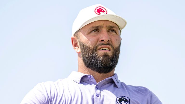 Captain Jon Rahm of Legion XIII GC is seen on the  seventh tee during the first round of LIV Golf Jeddah at the Royal Greens Golf & Country Club on Friday, March 01, 2024 in King Abdullah Economic City, Saudi Arabia. (Photo by Charles Laberge/LIV Golf via AP)
