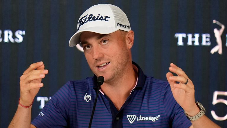 Justin Thomas gestures during a news conference before a practice round for The Players Championship golf tournament Wednesday, March 13, 2024, in Ponte Vedra Beach, Fla. (AP Photo/Chris O'Meara)