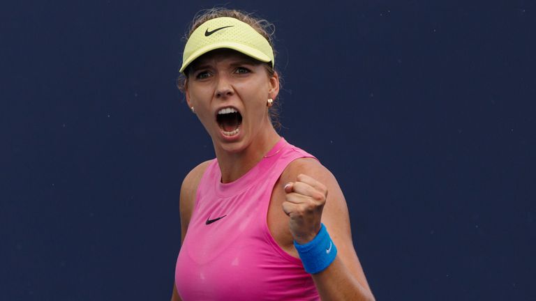 Katie Boulter of Great Britain celebrates during her match against Brenda Fruhvirtova of the Czech Republic in the first round of the Miami Open at Hard Rock Stadium on March 21, 2024 in Miami Gardens, Florida. (Photo by Frey/TPN/Getty Images)