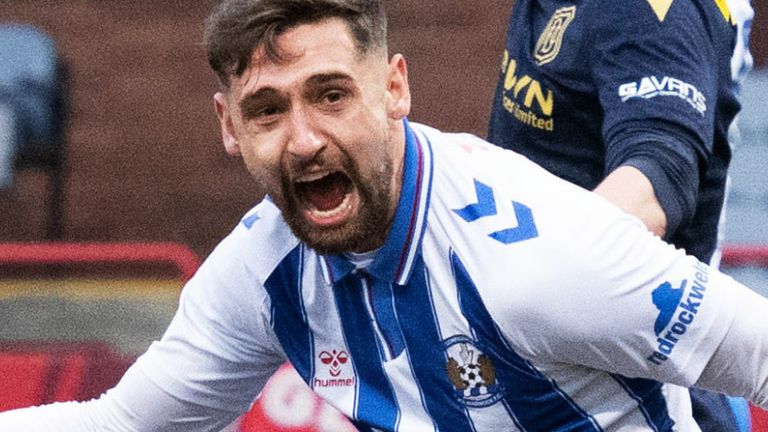 DUNDEE, SCOTLAND - MARCH 02: Kilmarnock's Robbie Deas celebrates scoring to make it 2-2 during a cinch Premiership match between Dundee and Kilmarnock at the Scot Foam Stadium at Dens Park, on March 02, 2024, in Dundee, Scotland. (Photo by Paul Devlin / SNS Group)