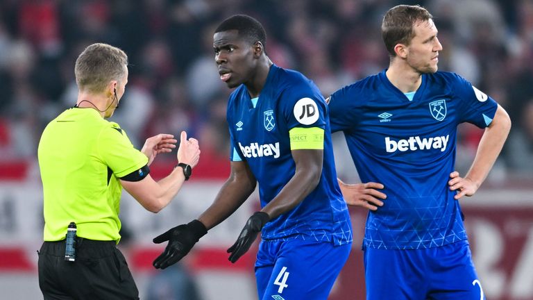 Kurt Zouma questioned why West Ham were not awarded a late penalty when speaking to the referee after their defeat to Freiburg
