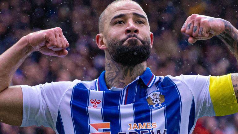 KILMARNOCK, SCOTLAND - MARCH 16: Kilmarnock's Kyle Vassell celebrates scoring to make it 4-2 during a cinch Premiership match between Kilmarnock and St Mirren at Rugby Park, on March 16, 2024, in Kilmarnock, Scotland. (Photo by Alan Harvey / SNS Group)