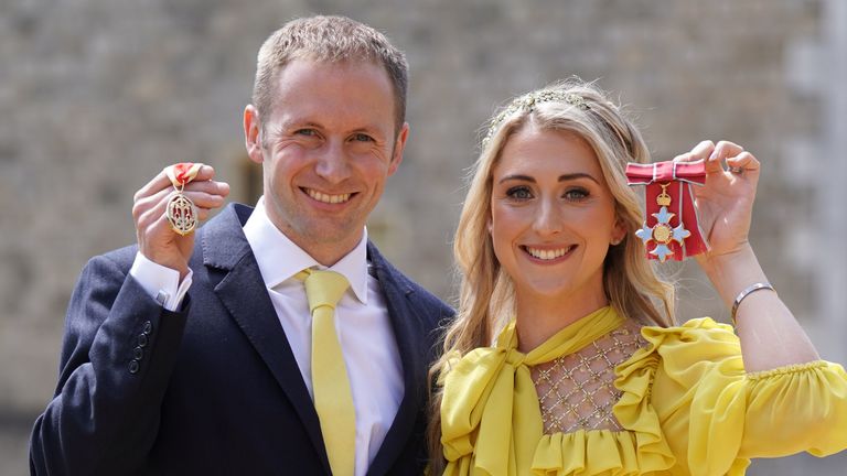 Sir Jason Kenny and Dame Laura Kenny after they received their Knight Bachelor and Dame Commander medals awarded by the Duke of Cambridge during an investiture ceremony at Windsor Castle