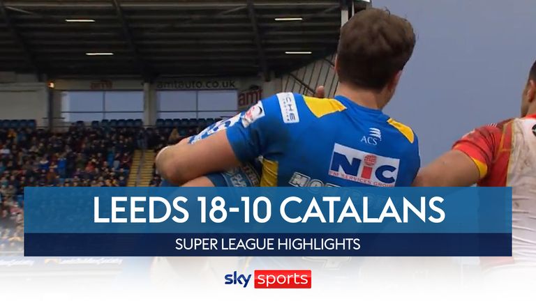 Screengrab of Leeds Rhinos vs Catalans Dragons in the Super League on 2 March 2024.