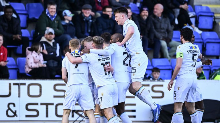 PERTH, SCOTLAND - MARCH 30: Dundee's Lyall Cameron celebrates with teammates after scoring to make it 1-0 during a cinch Premiership match between St Johnstone and Dundee at McDiarmid Park, on March 30, 2024, in Perth, Scotland.  (Photo by Paul Devlin / SNS Group)