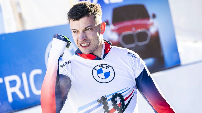 Matt Weston of Great Britain reacts after the Men's Skeleton World Cup in St. Moritz, Switzerland, on Friday, January 12, 2024. (Mayk Wendt/Keystone via AP)