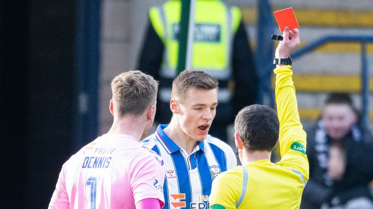 DUNDEE, SCOTLAND - MARCH 02: Kilimarnock&#39;s Lewis Mayo is shown a straight red card by Referee Colin Steven during a cinch Premiership match between Dundee and Kilmarnock at the Scot Foam Stadium at Dens Park, on March 02, 2024, in Dundee, Scotland. (Photo by Paul Devlin / SNS Group)