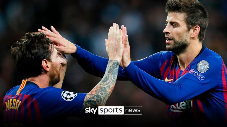 October 3, 2018 - London, United Kingdom - Barcelona&#39;&#39;s Lionel Messi celebrates with Gerard Pique after scoring his teams fourth goal during the UEFA Champions League Group B match at Wembley Stadium, London. Picture date: 3rd October 2018.
