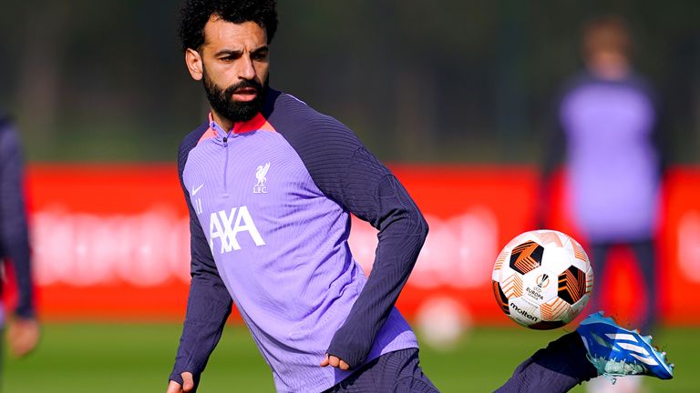Liverpool's Mohamed Salah during a training session at the club's AXA Training Centre
