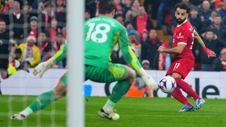 Liverpool's Mohamed Salah takes a shot at goal