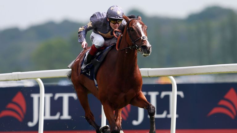 Mount Athos ridden by Jamie Spencer on their way to vcitory in the JLT Aston Park Stakes at Newbury
