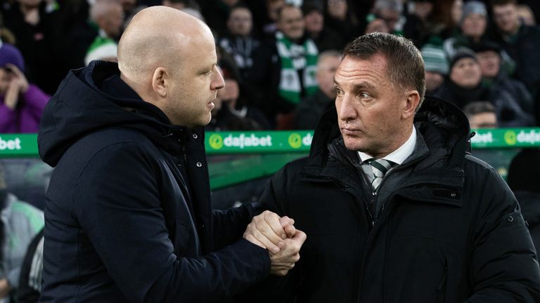 GLASGOW, SCOTLAND - DECEMBER 16: Celtic manager Brendan Rodgers and Hearts head coach Steven Naismith during a cinch Premiership match between Celtic and Heart of Midlothian at Celtic Park, on December 16, 2023, in Glasgow, Scotland.  (Photo by Craig Williamson / SNS Group)