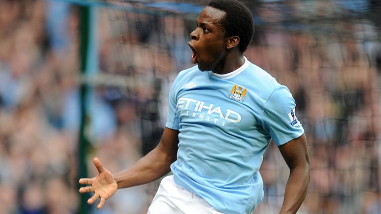 Manchester City's Nedum Onuoha celebrates scoring his sides fourth goal against Birmingham City in 2010
