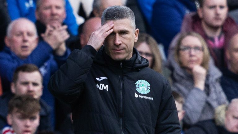 GLASGOW, SCOTLAND - MARCH 30: Hibs Manager Nick Montgomery during a cinch Premiership match between Rangers and Hibernian at Ibrox Stadium, on March 30, 2024, in Glasgow, Scotland.  (Photo by Craig Foy / SNS Group)