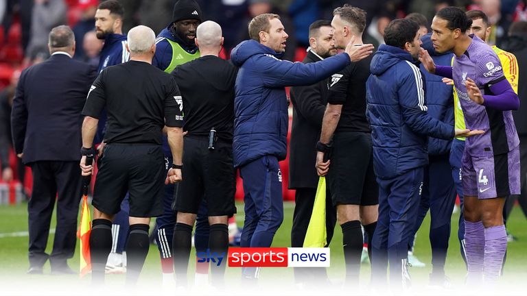 Referee Paul Tierney is surrouned by Nottingham Forest players and staff following the Premier League match at The City Ground, Nottingham.