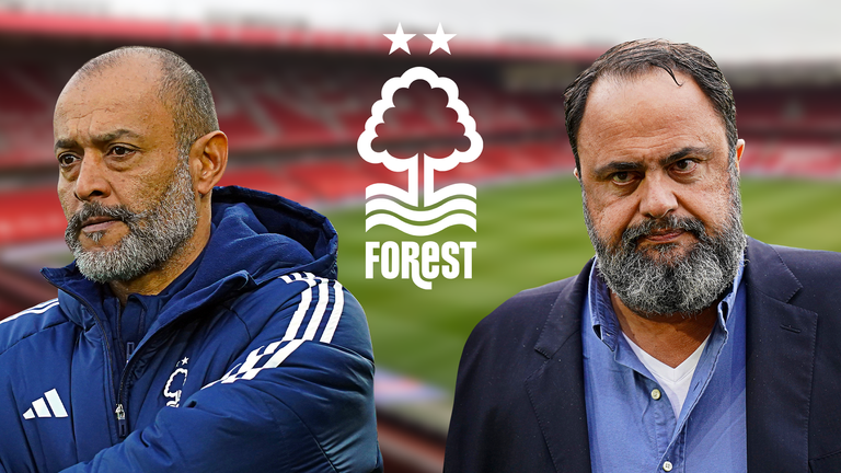 Nottingham Forest manager Nuno Espirto Santo plus club crest and owner.