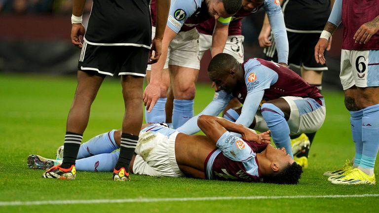 Aston Villa's Ollie Watkins goes down injured against Ajax and is later substituted during the UEFA Europa Conference League Round of 16, second leg match at Villa Par