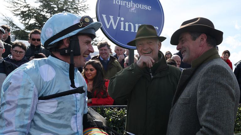 Paul Townend, Willie Mullins and Peter Molony (left to right) after victory on Jade De Grugy at Fairyhouse