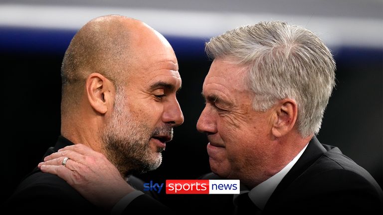 Real Madrid&#39;s head coach Carlo Ancelotti, right, greets Manchester City&#39;s head coach Pep Guardiola before the Champions League semifinal first leg soccer match between Real Madrid and Manchester City at the Santiago Bernabeu stadium in Madrid, Spain, Tuesday, May 9, 2023. (AP Photo/Manu Fernandez)