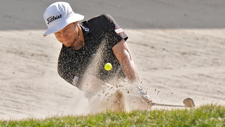 Peter Malnati blasts from the sand trap on the 14th hole during the final round of the Valspar Championship golf tournament Sunday, March 24, 2024, at Innisbrook in Palm Harbor, Fla. (AP Photo/Chris O'Meara)