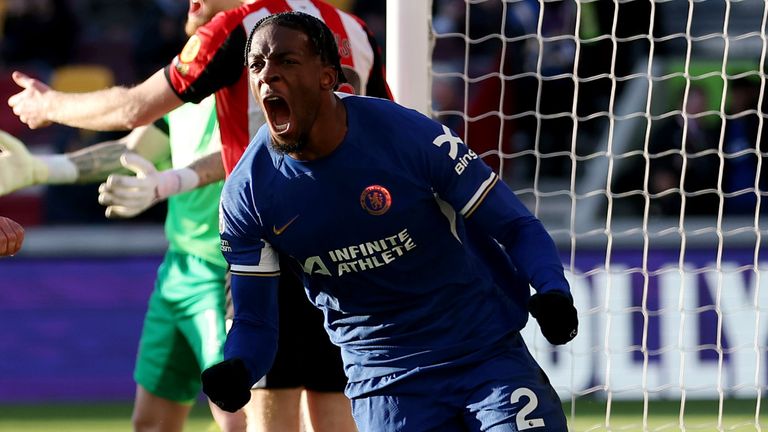 Axel Disasi celebrates after scoring a late equaliser for Chelsea at Brentford