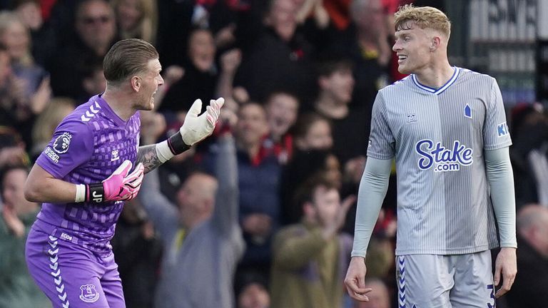 Jarrad Branthwaite and goalkeeper Jordan Pickford react after Seamus Coleman's own goal condemns Everton to defeat at Bournemouth