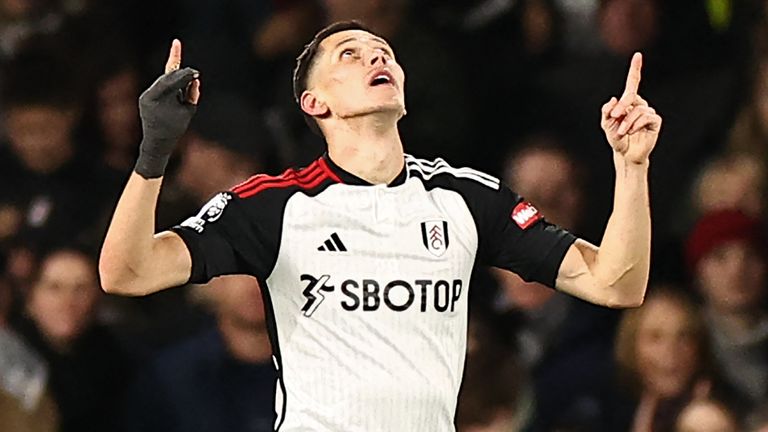 Sasa Lukic celebrates after giving Fulham a 2-0 lead against Spurs