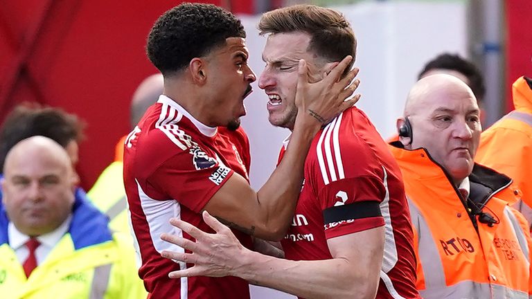 Chris Wood is congratulated by Morgan Gibbs-White after equalising for Nottingham Forest