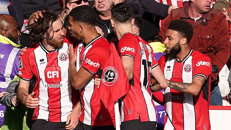Ben Brereton Diaz is mobbed after opening the scoring for Sheffield United against Fulham
