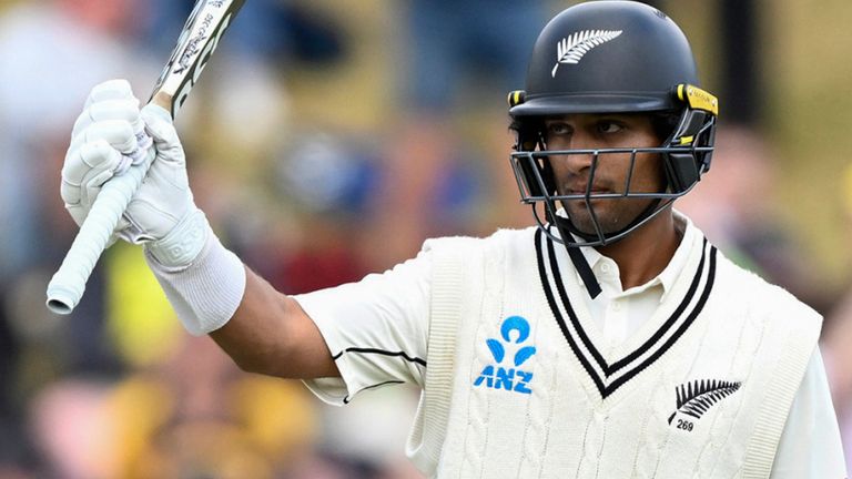 New Zealand's Rachin Ravindra reacts after scoring 50 runs on day three of the first cricket test match between New Zealand and Australia at the Basin Reserve in Wellington, New Zealand, Saturday, March 2, 2024. (Andrew Cornaga/Photosport via AP)