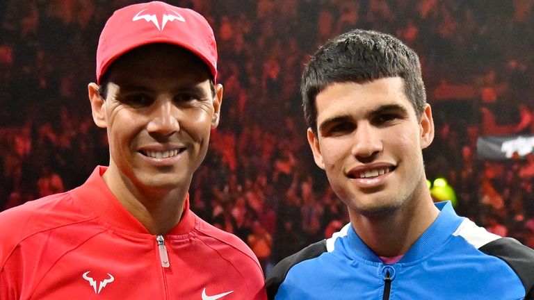 Rafael Nadal and Carlos Alcaraz pose for a photo during The Netflix Slam, a live Netflix Sports event at the MGM Resorts | Michelob Ultra Arena on March 03, 2024 in Las Vegas, Nevada. (Photo by David Becker/Getty Images for Netflix © 2024)