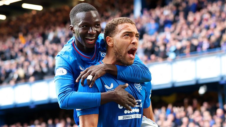 Cyriel Dessers celebrates with Mohamed Diomande after scoring to make it 2-1 Rangers 