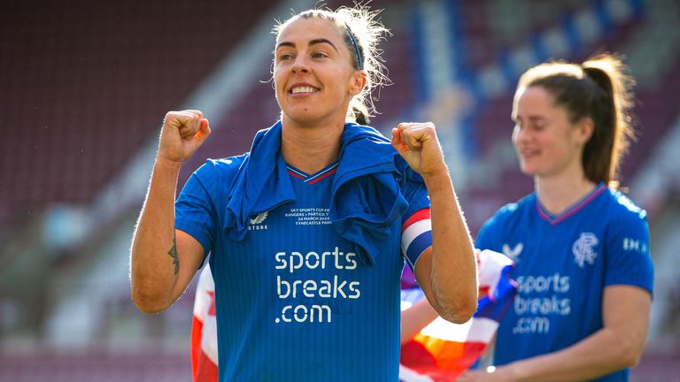 Rangers captain Nicola Docherty celebrates after winning the Sky Sports Cup