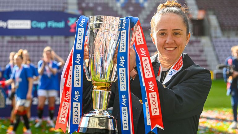 Jo Potter celebrates winning the Sky Sports Cup - her first trophy as Rangers Women head coach