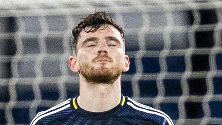 GLASGOW, SCOTLAND - MARCH 26: Scotland's Andy Robertson looks dejected during an International Friendly match between Scotland and Northern Ireland at Hampden Park, on March 26, 2024, in Glasgow, Scotland. (Photo by Ross Parker / SNS Group)