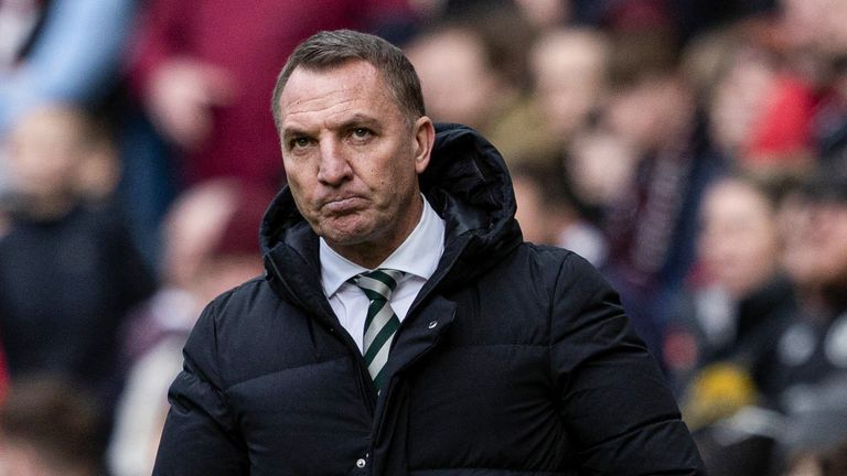 EDINBURGH, SCOTLAND - MARCH 03: Celtic manager Brendan Rodgers looks disappointed during the Cinch Premiership match between Heart of Midlothian and Celtic at Tyncastle Park on March 03, 2024 in Edinburgh, Scotland.  (Photo by: Craig Foy/SNS Group)