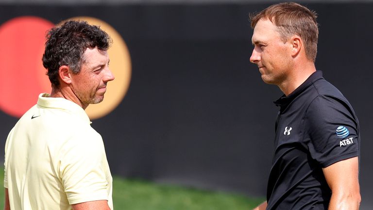 ORLANDO, FL - MARCH 09: PGA golfer Rory McIlroy shakes hands with Jordan Spieth after finishing on the 18th hole during the Arnold Palmer Invitational presented by MasterCard at the Arnold Palmer's Bay Hill Club & Lodge on March 9, 2024, in Orlando, Florida. (Photo by Brian Spurlock/Icon Sportswire) (Icon Sportswire via AP Images)