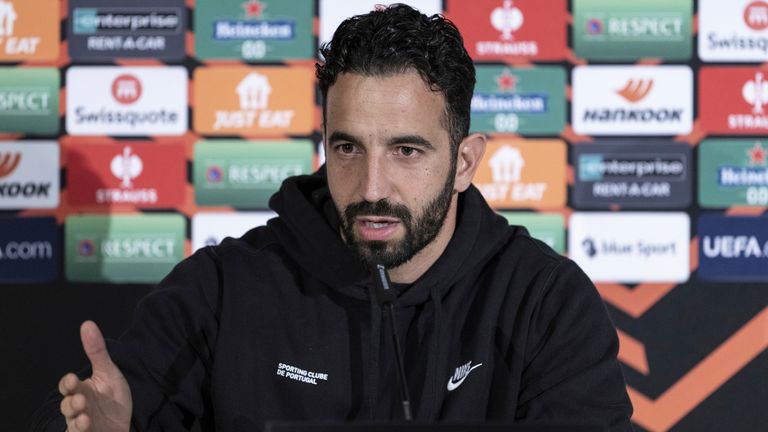 Sporting's head coach Ruben Amorim speaks during a press conference at the Wankdorf stadium in Bern, Switzerland, Wednesday, Feb. 14, 2024. Sporting CP Lisbon of Portugal will face BSC Young Boys of Switzerland for a Europa League, Play-off first leg, soccer match on Thursday, Feb. 15, 2024