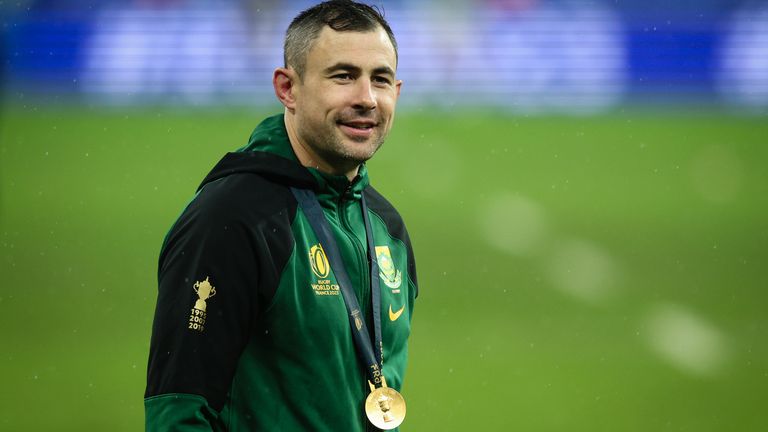 South Africa assistant coach Felix Jones with his winners medal after the 2023 Rugby World Cup final