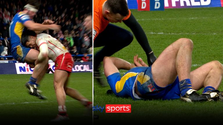 Monster hit Sione Mata&#39;utia lets him opposite know he his there as he puts in a huge hit on James Bentley that leaves the Leeds Rhinos&#39; man rolling around on the floor in discomfort. 