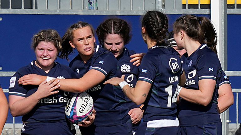 Scotland celebrate after Elis Martin scored on her debut 
