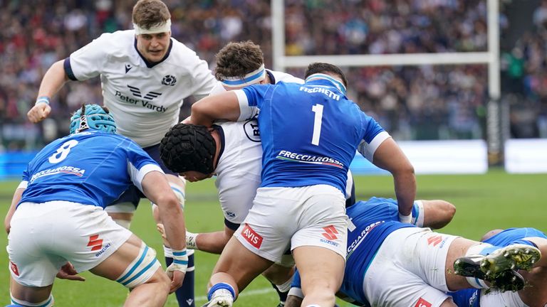Scotland's Zander Fagerson (centre) scores their first try during the Guinness Six Nations match at the Stadio Olimpico in Rome, Italy. Picture date: Saturday March 9, 2024.