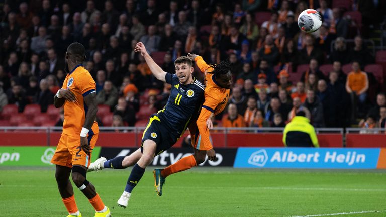 AMSTERDAM, NETHERLANDS - MARCH 22: Scotland's Ryan Christie hits the crossbar with a first half chance during an international friendly match between the Netherlands and Scotland at the Johan Cruyff Arena, on March 22, 2024, in Amsterdam, Netherlands. (Photo by Craig Williamson / SNS Group)